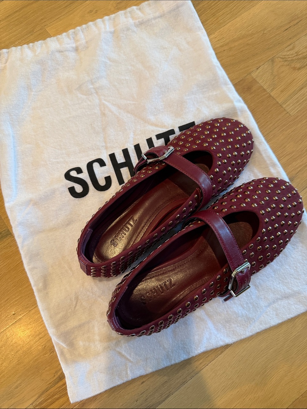 SCHUTZ Eiza Shine Vino Burgundy Studded Mary Jane Flats with Buckle - Picture 8 of 8